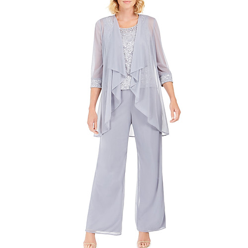 

Two Piece Pantsuit / Jumpsuit Mother of the Bride Dress Elegant Jewel Neck Ankle Length Chiffon Lace 3/4 Length Sleeve with Appliques 2021