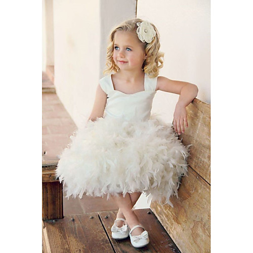 

A-Line Short / Mini Wedding / Party Flower Girl Dresses - Satin Cap Sleeve Scoop Neck with Feathers / Fur / Tier / Solid