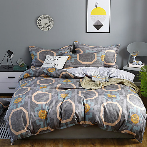 

Line Printed Gray Duvet Cover Set, Ultra Soft and Easy Care, 4-Piece Duvet Cover Set
