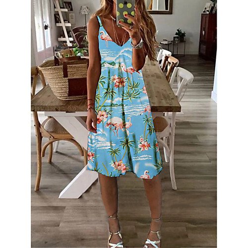 

Women's A-Line Dress Knee Length Dress - Sleeveless Floral Print Summer Casual Daily 2020 Blue M L XL XXL XXXL