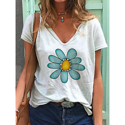 

Women's T-shirt Floral Flower Printing Print V Neck Tops Loose Cotton Basic Top White