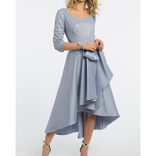 

A-Line Mother of the Bride Dress Elegant Jewel Neck Asymmetrical Lace Satin 3/4 Length Sleeve with Pleats Embroidery 2021