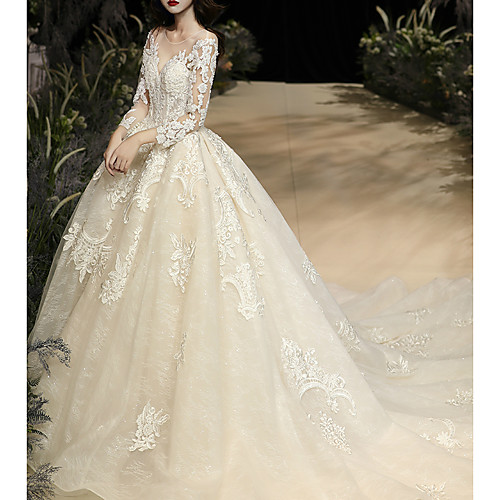 

Ball Gown Wedding Dresses Jewel Neck Watteau Train Lace Tulle Long Sleeve Glamorous See-Through with Embroidery 2020