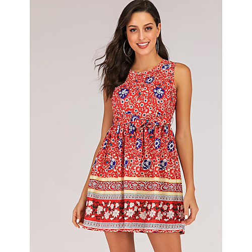 

Women's A-Line Dress Knee Length Dress - Sleeveless Floral Bow Ruched Print Summer Vintage Boho Daily Going out 2020 Red S M L XL