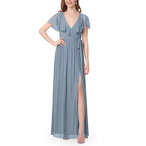 

A-Line V Neck Floor Length Chiffon Bridesmaid Dress with Pleats / Split Front