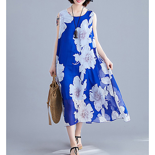 

Women's Swing Dress Midi Dress - Sleeveless Floral Summer Work 2020 Blue Yellow Fuchsia Orange One-Size