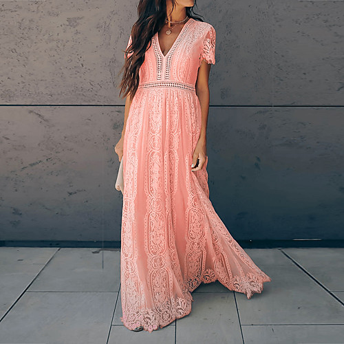 

Women's Swing Dress Maxi long Dress Blushing Pink Short Sleeve Solid Color Tassel Fringe Lace Summer V Neck Hot Vintage 2021 S M L XL XXL