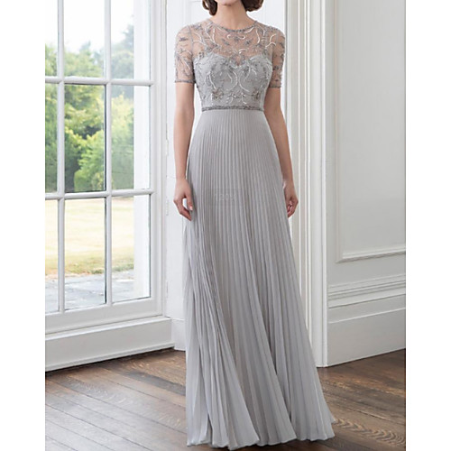 

Sheath / Column Mother of the Bride Dress Elegant Illusion Neck Floor Length Chiffon Short Sleeve with Pleats Embroidery 2020