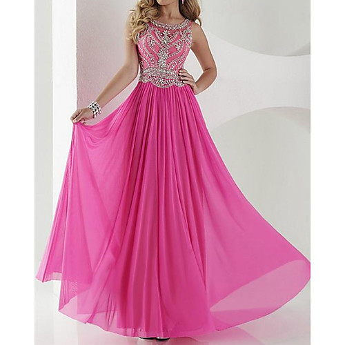 

A-Line Luxurious Sparkle Engagement Formal Evening Dress Jewel Neck Sleeveless Sweep / Brush Train Chiffon with Pleats Beading 2020