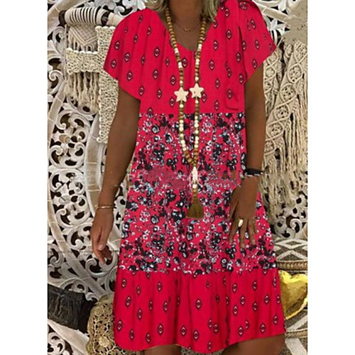 

Women's A-Line Dress Knee Length Dress - Short Sleeves Print Summer Casual Chinoiserie 2020 Red Light Blue S M L XL XXL XXXL XXXXL