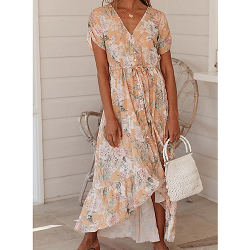 

Women's A-Line Dress Maxi long Dress - Short Sleeves Geometric Summer Work 2020 Yellow S M L XL