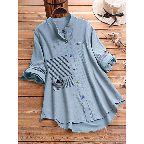 

Women's Tops Cartoon Blouse Standing Collar Daily Spring Fall Green Light Blue M L XL 2XL 3XL 4XL