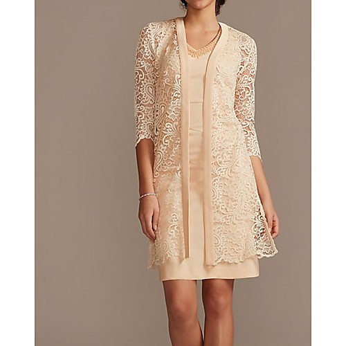 

Two Piece Sheath / Column Mother of the Bride Dress Elegant V Neck Knee Length Lace Stretch Satin 3/4 Length Sleeve with Beading Embroidery 2020