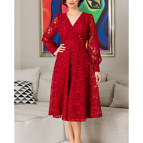 

A-Line Elegant Vintage Homecoming Cocktail Party Dress V Neck Long Sleeve Tea Length Lace with Lace Insert 2021
