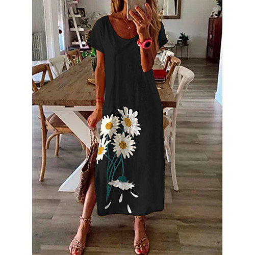 

Women's Shift Dress Midi Dress - Short Sleeves Floral Print Summer Casual Daily 2020 Black M L XL XXL XXXL