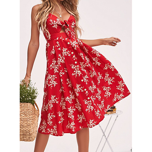 

Women's Sundress Midi Dress - Sleeveless Floral Bow Ruched Summer Vintage Mumu Daily Going out 2020 Red Navy Blue S M L XL