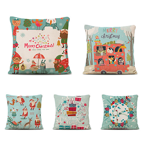 

Set of 5 Cartoon Christmas Linen Square Decorative Throw Pillow Cases Sofa Cushion Covers 18x18