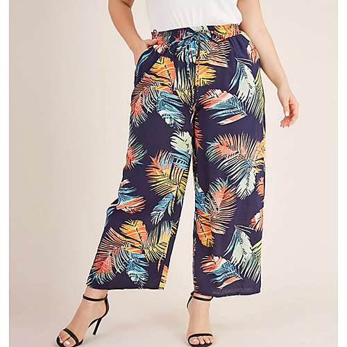 

Women's Basic Slim Wide Leg Pants - Floral Blue L / XL / XXXXL