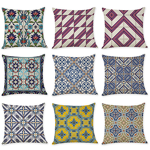 

9 pcs Linen Pillow Cover, Vintage Geometric Geometic Casual Modern Square Traditional Classic