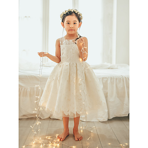 

Ball Gown Tea Length Wedding / First Communion / Birthday Flower Girl Dresses - Lace / Tulle Sleeveless Jewel Neck with Lace