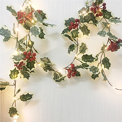 

2M 20Leds Red Berry Christmas Garland Hand-made String Lights LED Copper Fairy Lights Ivy Leaf String Lights For Xmas Holiday Tree Home Decoration Lighting AA Battery Power (come without battery)