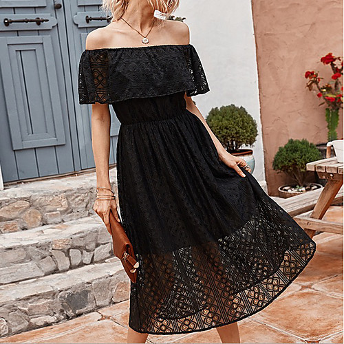 

Women's A-Line Dress Midi Dress - Short Sleeves Solid Color Summer Sexy 2020 Black Yellow Blushing Pink S M L XL