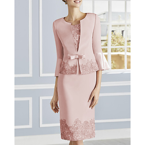 

Two Piece Sheath / Column Mother of the Bride Dress Elegant Jewel Neck Knee Length Lace Satin Tulle 3/4 Length Sleeve with Bow(s) Appliques 2020