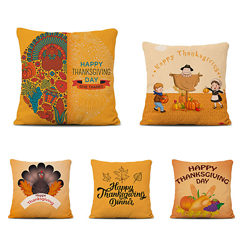 

Set of 5 Thanksgiving Linen Square Decorative Throw Pillow Cases Sofa Cushion Covers 18x18