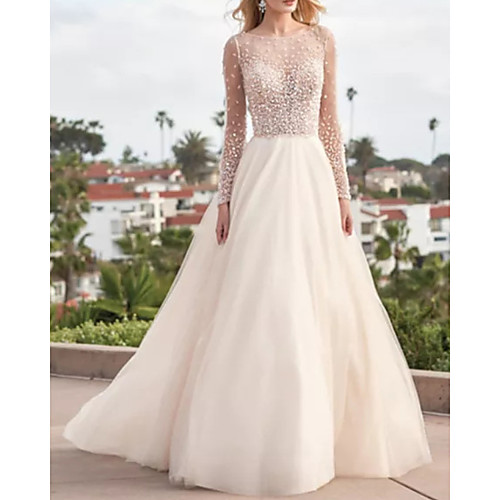 

A-Line Wedding Dresses Jewel Neck Floor Length Tulle Long Sleeve Country with Beading 2020