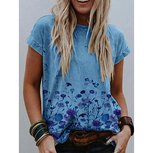 

Women's T shirt Floral Flower Round Neck Tops Basic Top Blue Khaki Gray