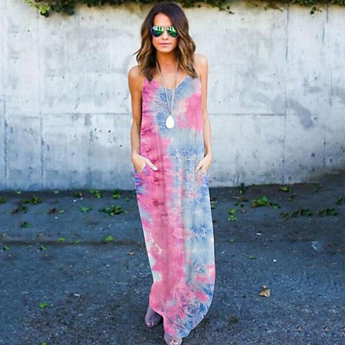

Women's A-Line Dress Maxi long Dress - Sleeveless Tie Dye Summer Casual 2020 Blue Purple Red Blushing Pink Orange Green Brown Gray Light Blue S M L XL XXL