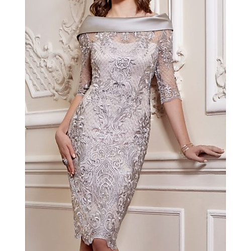 

Sheath / Column Mother of the Bride Dress Elegant Off Shoulder Knee Length Lace Satin Half Sleeve with Appliques 2020