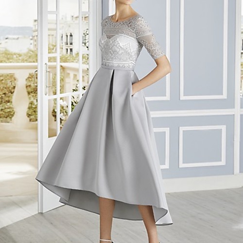 

A-Line Mother of the Bride Dress Elegant Jewel Neck Asymmetrical Lace Satin Half Sleeve with Pleats Embroidery 2020