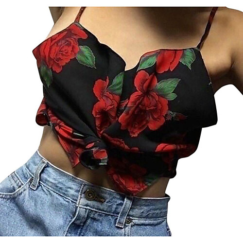 

Women's Tops Floral Rose Tank Top - Backless Lace up Print Strapless Slim Chiffon Sexy Daily Summer Black S M L XL / Going out