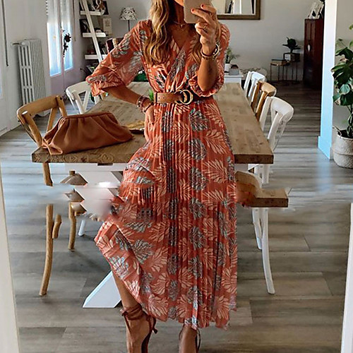 

Women's A-Line Dress Midi Dress - 3/4 Length Sleeve Floral Summer Casual 2020 Red Beige S M L XL XXL