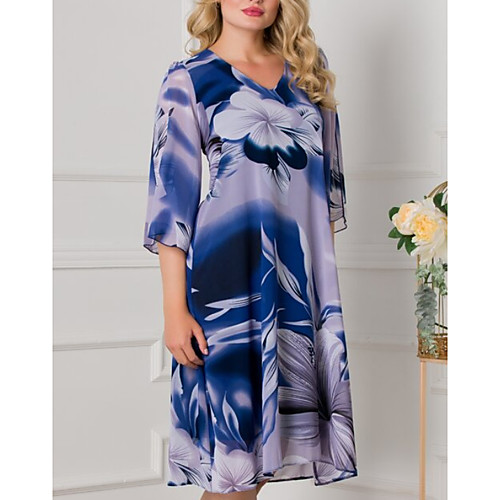

Women's Shift Dress Knee Length Dress - 3/4 Length Sleeve Floral Print Summer Casual Daily 2020 Navy Blue M L XL XXL XXXL