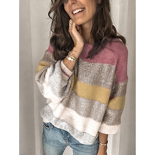 

Women's Striped Long Sleeve Pullover Sweater Jumper, Round Neck Fall / Winter Blue / Blushing Pink S / M / L