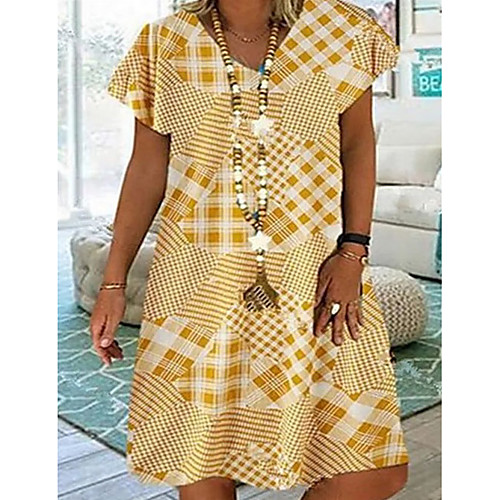 

Women's A-Line Dress Knee Length Dress - Short Sleeves Houndstooth Summer Casual 2020 Blue Yellow Khaki S M L XL XXL XXXL XXXXL XXXXXL