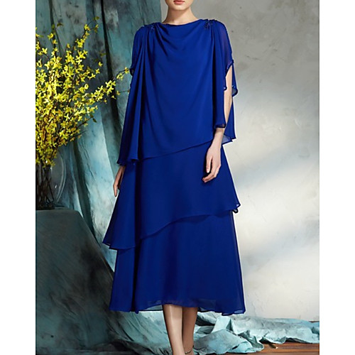 

A-Line Mother of the Bride Dress Elegant Jewel Neck Tea Length Chiffon Half Sleeve with Cascading Ruffles 2020