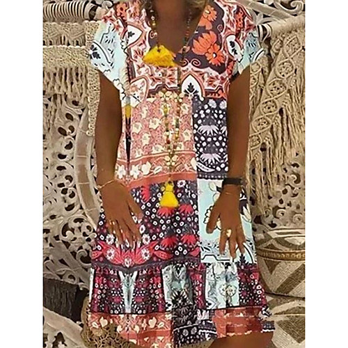 

Women's Shift Dress Knee Length Dress - Short Sleeves Print Summer Casual 2020 Black Blue Orange Green S M L XL XXL XXXL