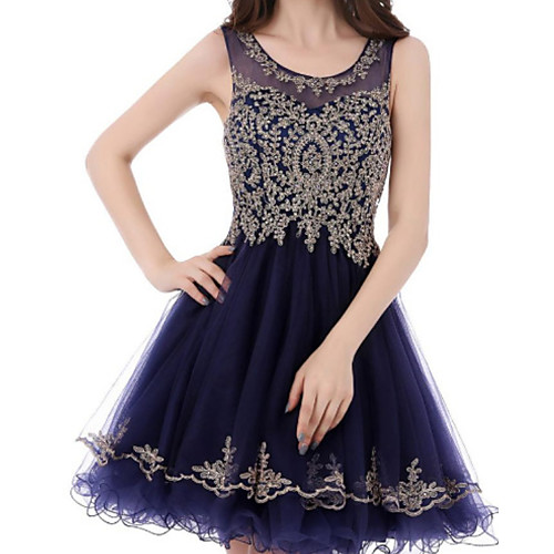 

A-Line Flirty Sparkle Homecoming Cocktail Party Dress Jewel Neck Sleeveless Short / Mini Lace Tulle with Appliques 2021