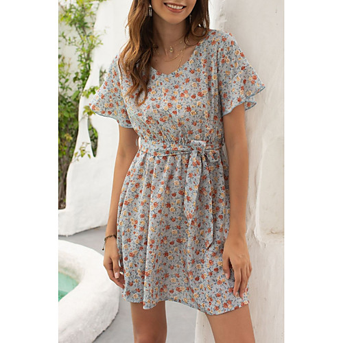

Women's A-Line Dress Knee Length Dress - Short Sleeves Floral Summer Casual 2020 Light Blue S M L XL