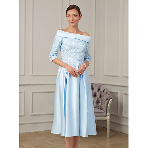 

A-Line Mother of the Bride Dress Plus Size Off Shoulder Tea Length Satin 3/4 Length Sleeve with Beading Appliques 2021