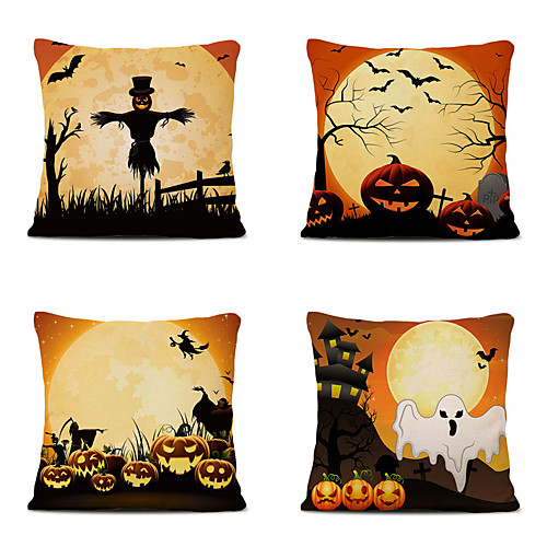 

Halloween Party Halloween Decor Horror Ghost Set of 4 Cartoon Halloween Linen Square Decorative Throw Pillow Cases Sofa Cushion Covers 18x18
