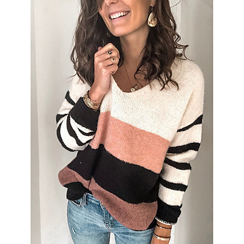 

Women's Striped Long Sleeve Pullover Sweater Jumper, V Neck Blushing Pink S / M / L