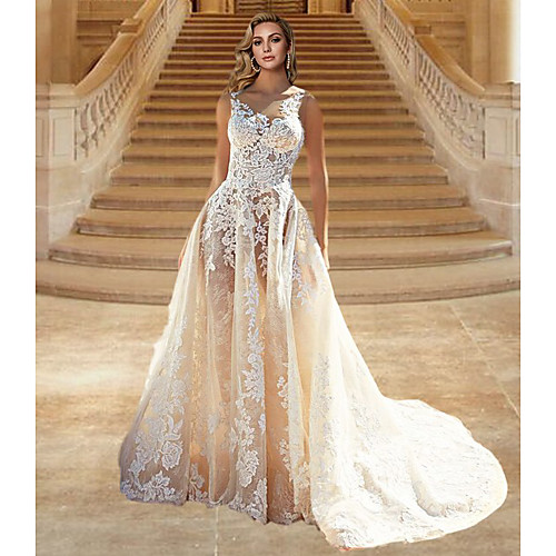 

A-Line Wedding Dresses Jewel Neck Sweep / Brush Train Lace Tulle Sleeveless Country Sexy See-Through with Embroidery 2020