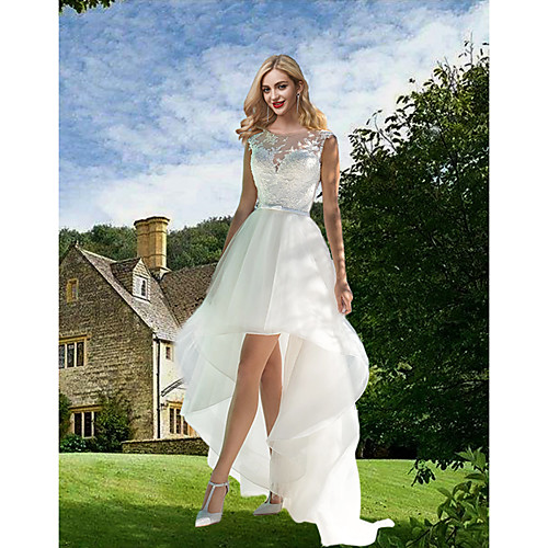 

A-Line Wedding Dresses Jewel Neck Sweep / Brush Train Asymmetrical Lace Tulle Sleeveless Sexy See-Through with Sashes / Ribbons Embroidery 2020