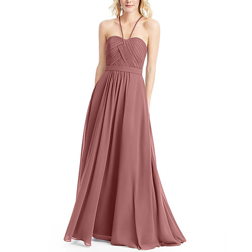 

A-Line Halter Neck Floor Length Chiffon Bridesmaid Dress with Ruching