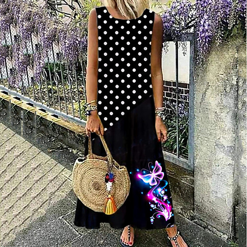 

Women's A-Line Dress Maxi long Dress - Sleeveless Polka Dot Butterfly Summer Casual Daily Holiday Vacation 2020 Black M L XL XXL XXXL