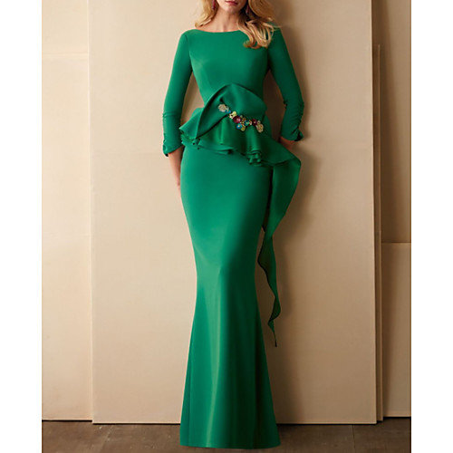 

Mermaid / Trumpet Elegant Beautiful Back Wedding Guest Formal Evening Dress Jewel Neck 3/4 Length Sleeve Floor Length Chiffon Satin with Ruffles 2020